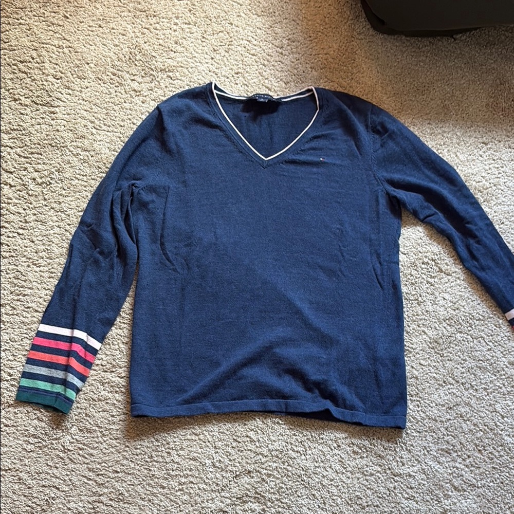 Tommy Hilfiger Navy V-Neck Sweater with Striped Sleeve